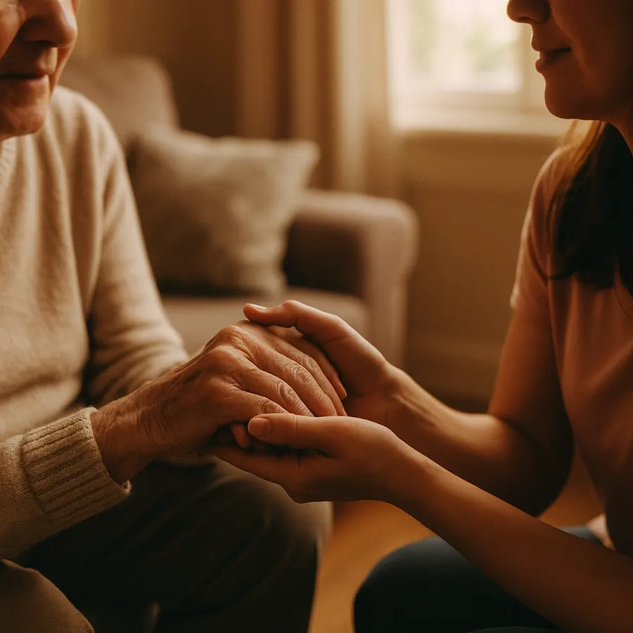 Cuidadora segurando as mãos de uma pessoa idosa, em um momento de carinho e atenção